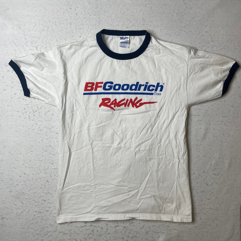 M&O Knits BFGoodrich Racing Tires Ringer T-Shirt Mens Medium White Blue Graphic